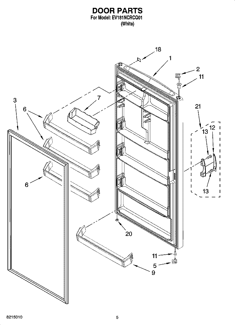 DOOR PARTS Diagram and Parts List for EV181NCRCQ01  Whirlpool Freezer