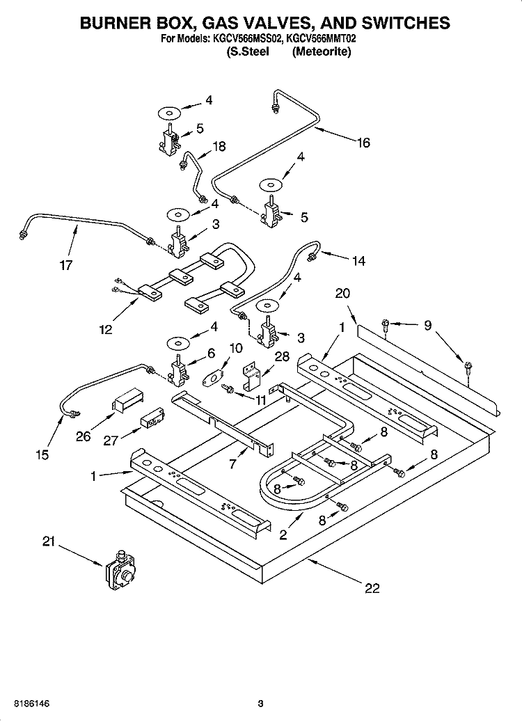 BURNER BOX, GAS VALVES, AND SWITCHES Diagram and Parts List for KGCV566MMT02  KitchenAid Cooktop