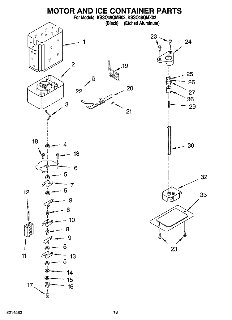 MOTOR AND ICE CONTAINER PARTS Diagram and Parts List for KSSO48QMX02  KitchenAid Refrigerator