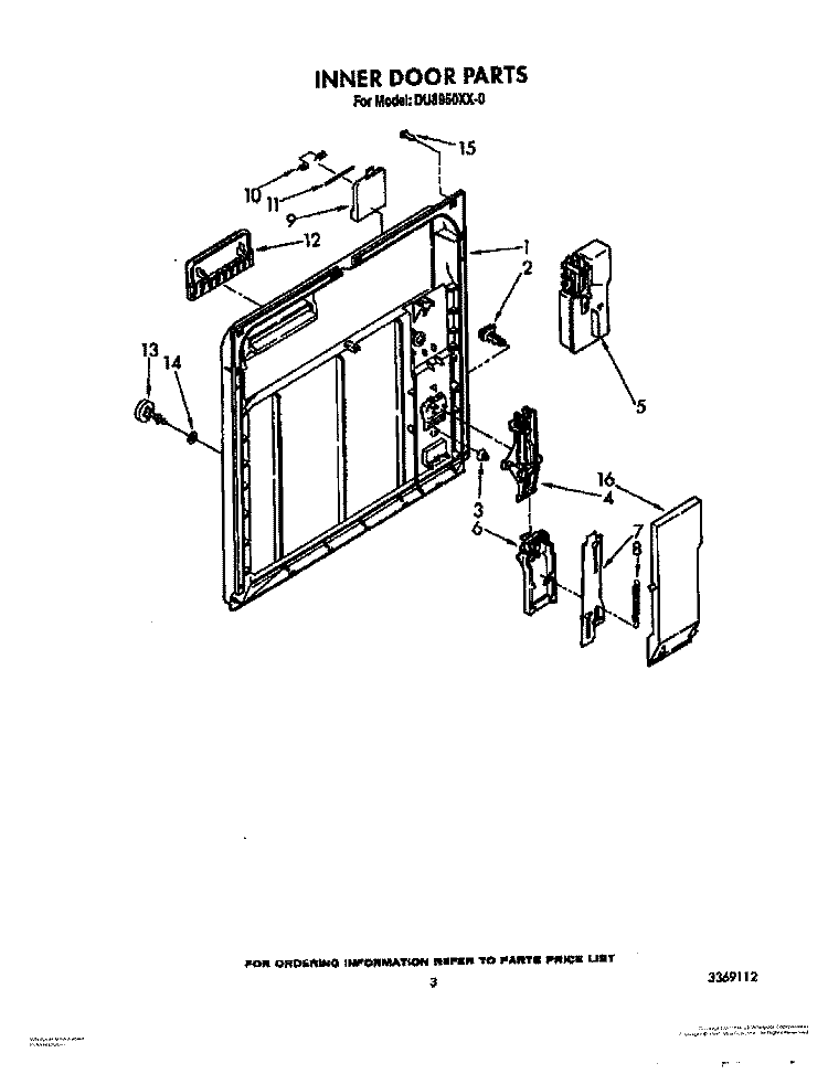 INNER DOOR Diagram and Parts List for DU8950XX0  Whirlpool Dishwasher