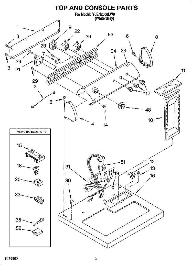 TOP AND CONSOLE PARTS Diagram and Parts List for YLEN2000LW0  Whirlpool Dryer