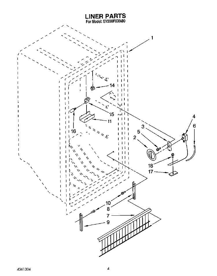 LINER, LIT/OPTIONAL Diagram and Parts List for EV200FXXN00  Whirlpool Freezer