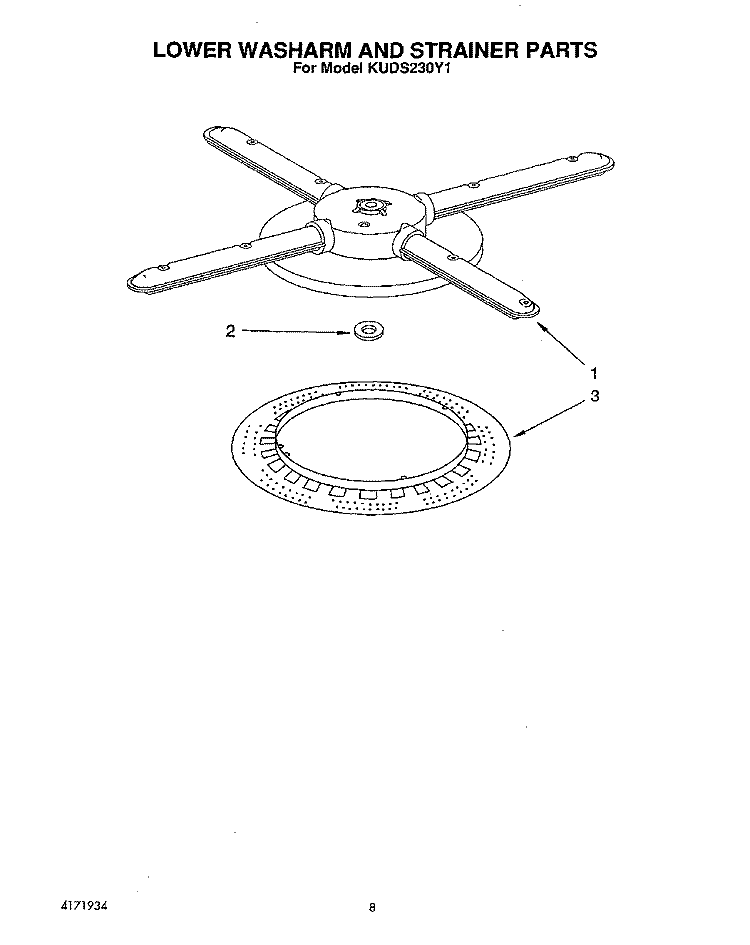 LOWER WASHARM AND STRAINER Diagram and Parts List for KUDS230Y1  KitchenAid Dishwasher