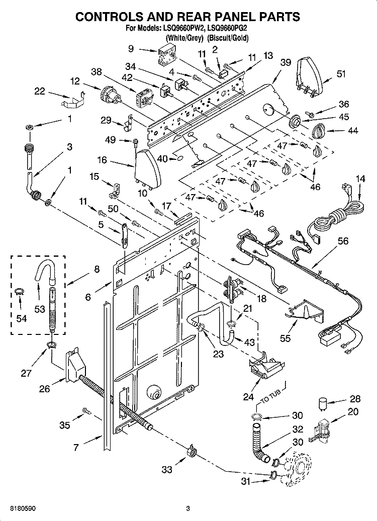 CONTROLS AND REAR PANEL PARTS Diagram and Parts List for LSQ9660PG2  Whirlpool Washer