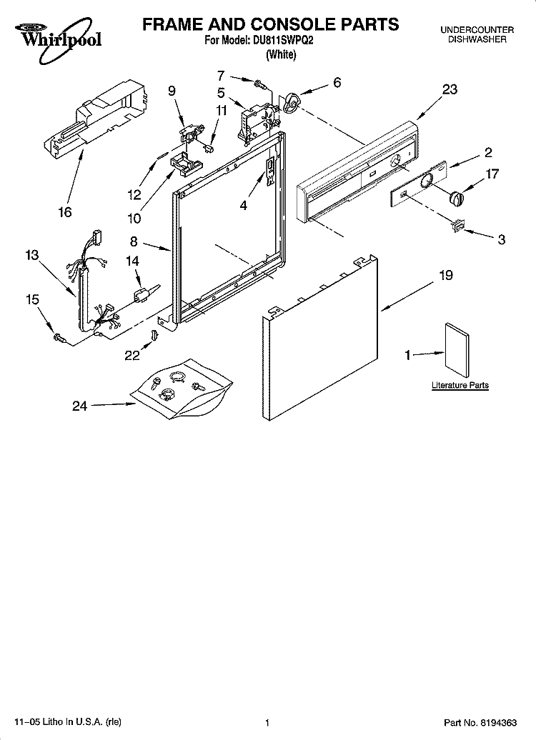 FRAME AND CONSOLE PARTS Diagram and Parts List for DU811SWPQ2  Whirlpool Dishwasher