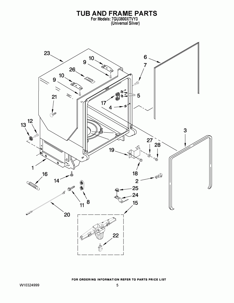 TUB AND FRAME PARTS Diagram and Parts List for 7GU3800XTVY3  Whirlpool Dishwasher
