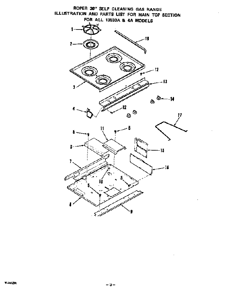 Main Top Diagram and Parts List for 1353*4A  Roper Range