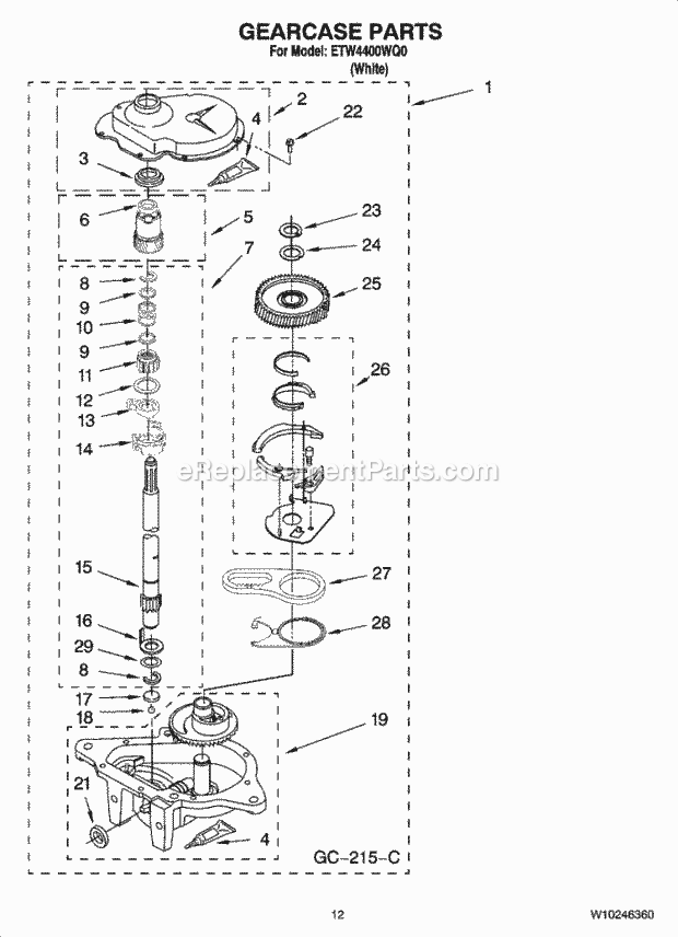 GEARCASE PARTS, OPTIONAL PARTS (NOT INCLUDED) Diagram and Parts List for ETW4400WQ0  Estate Washer