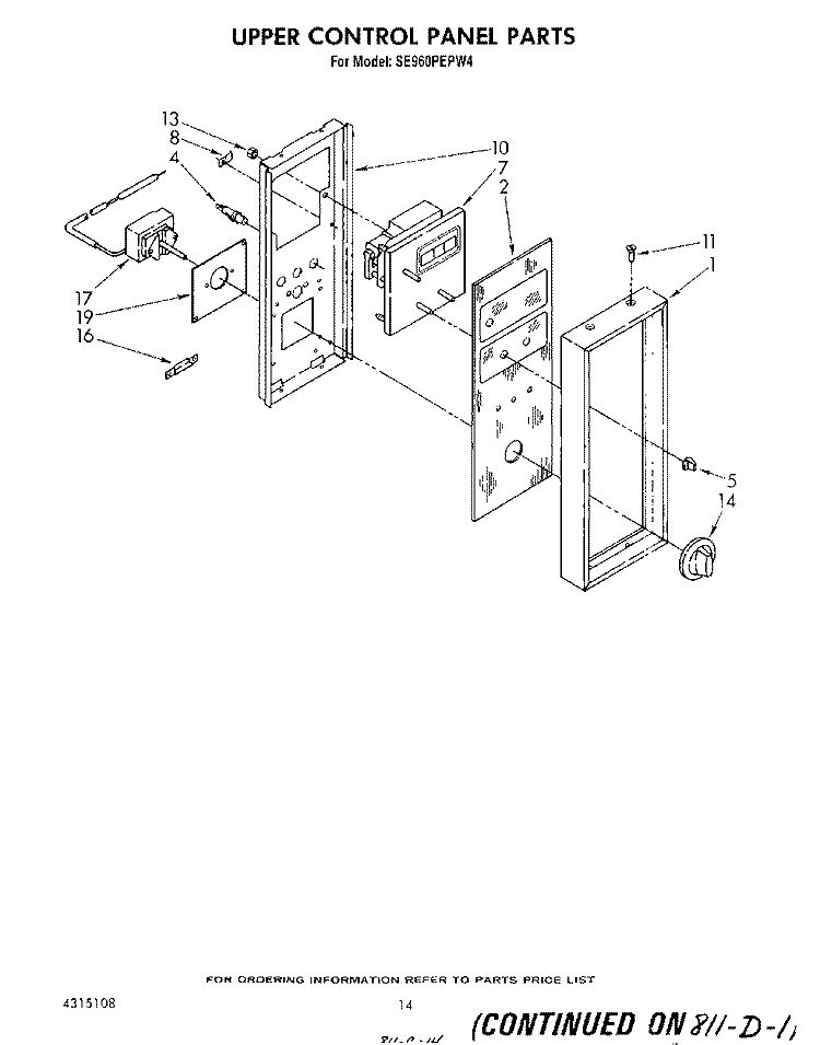 UPPER CONTROL PANEL , LIT / OPTIONAL Diagram and Parts List for SE960PEPW4  Whirlpool Range