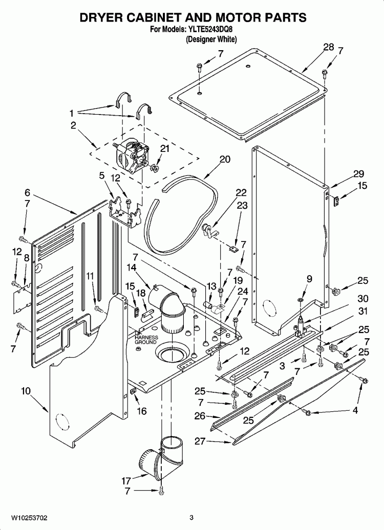 DRYER CABINET AND MOTOR PARTS Diagram and Parts List for YLTE5243DQ8  Whirlpool Washer Dryer Combo