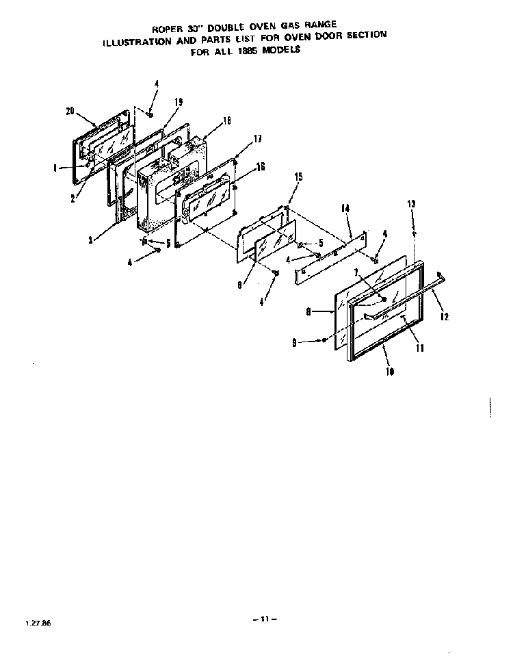 Oven Door Diagram and Parts List for 1885*0A  Roper Range