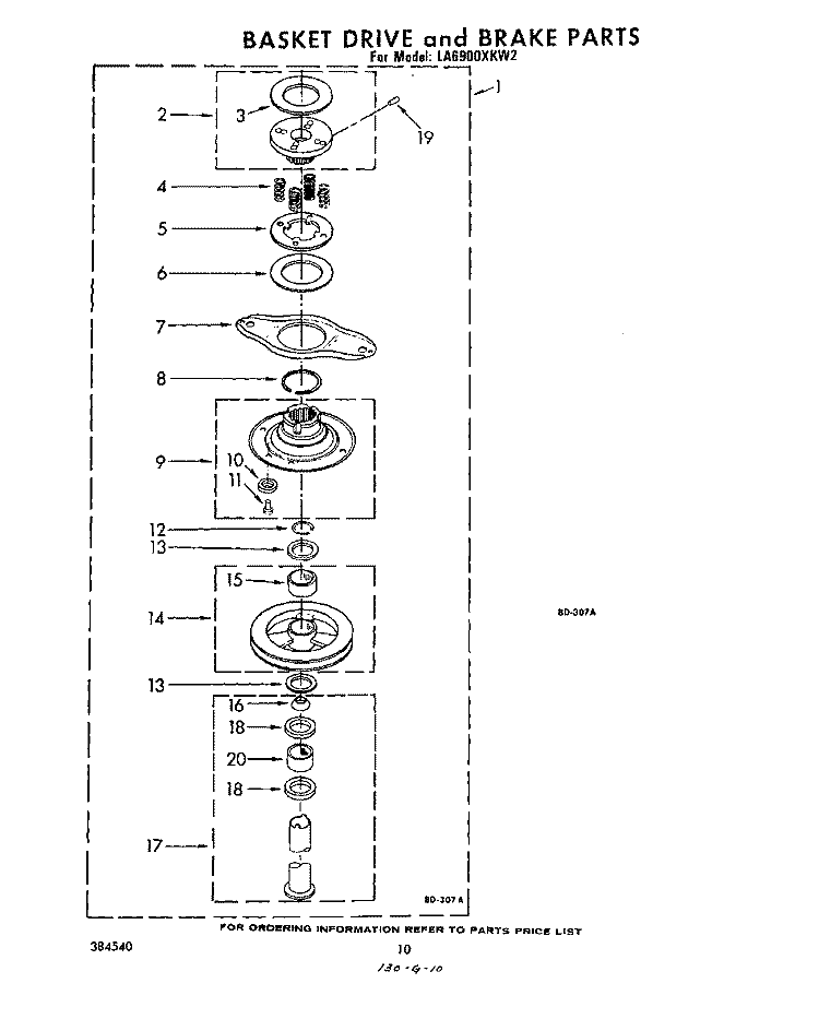 BASKET DRIVE AND BRAKE Diagram and Parts List for LA6900XKW2  Whirlpool Washer