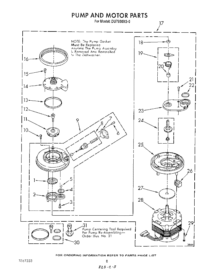 PUMP AND MOTOR Diagram and Parts List for DU7800XS0  Whirlpool Dishwasher