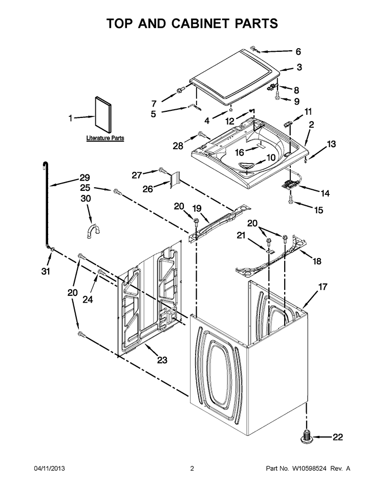 TOP AND CABINET PARTS Diagram and Parts List for 2DWTW5500XW1  Whirlpool Washer