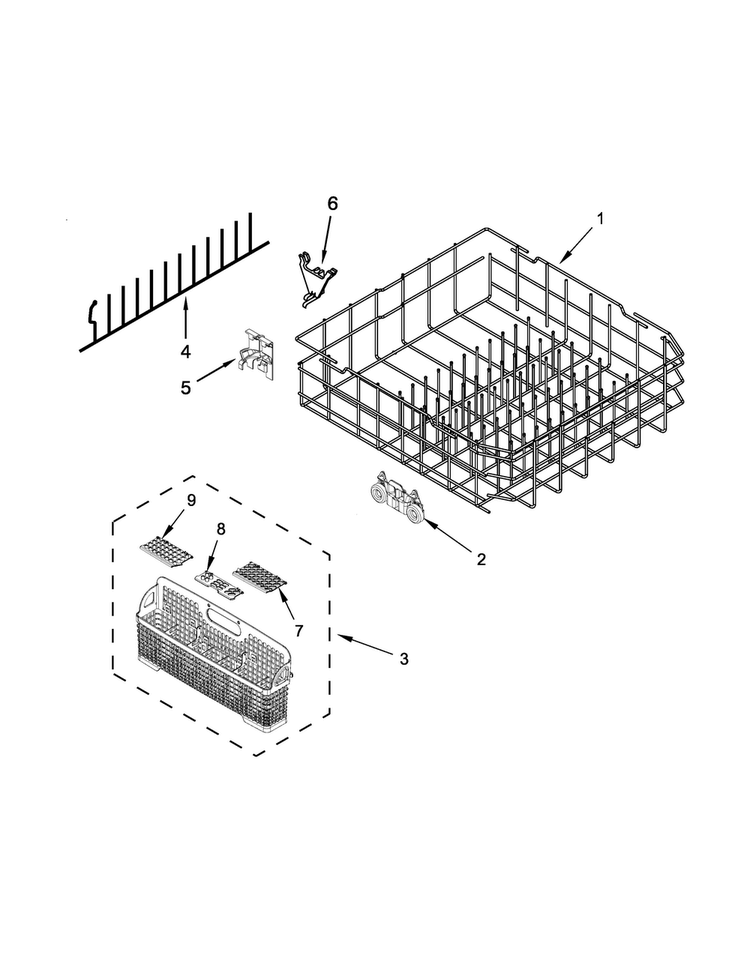 Lower Rack Parts Diagram and Parts List for BLB14DRANA2  Whirlpool Dishwasher