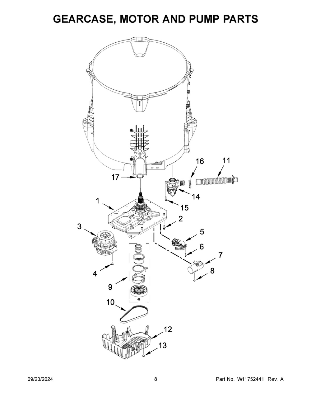 05 - Gearcase, Motor And Pump Parts Diagram and Parts List for CAW45125LW1  Whirlpool Washer