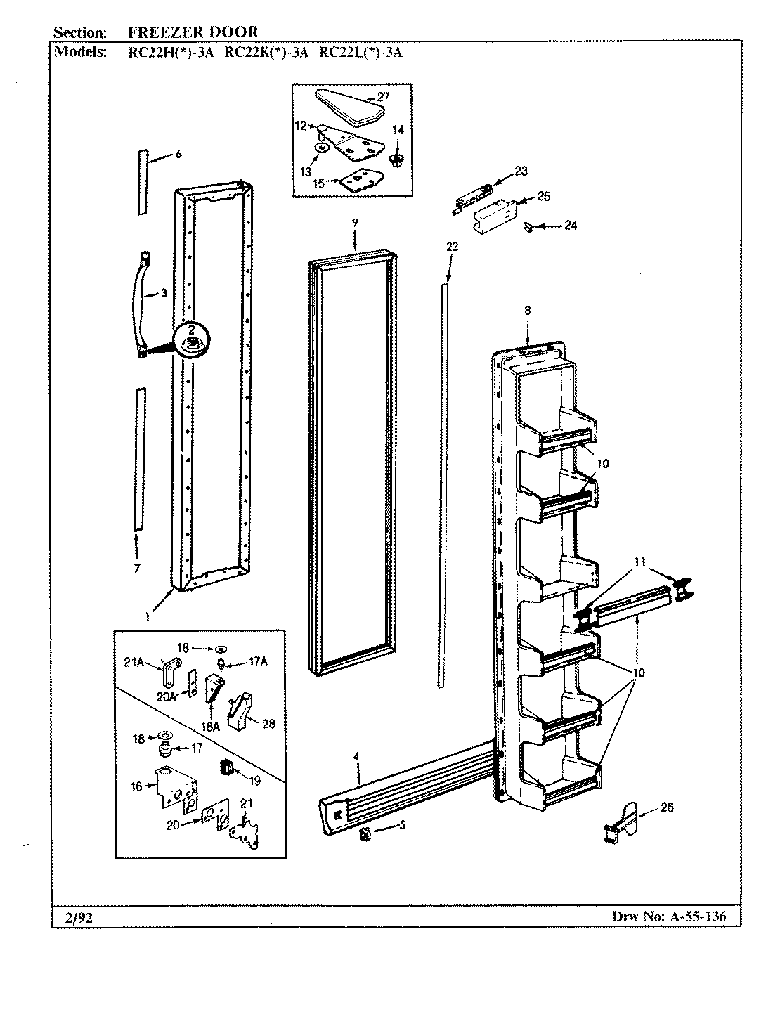 02 - FREEZER DOOR Diagram and Parts List for RC22LA-3A  Whirlpool Refrigerator