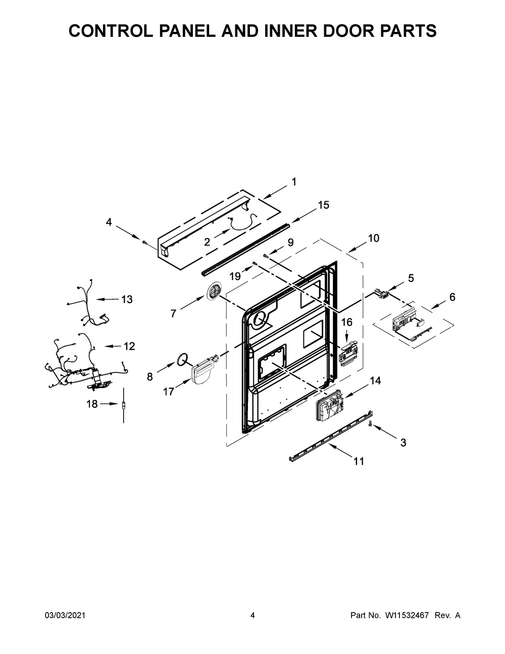 Control Panel And Inner Door Parts Diagram and Parts List for KDTE104KPS0  Whirlpool Dishwasher