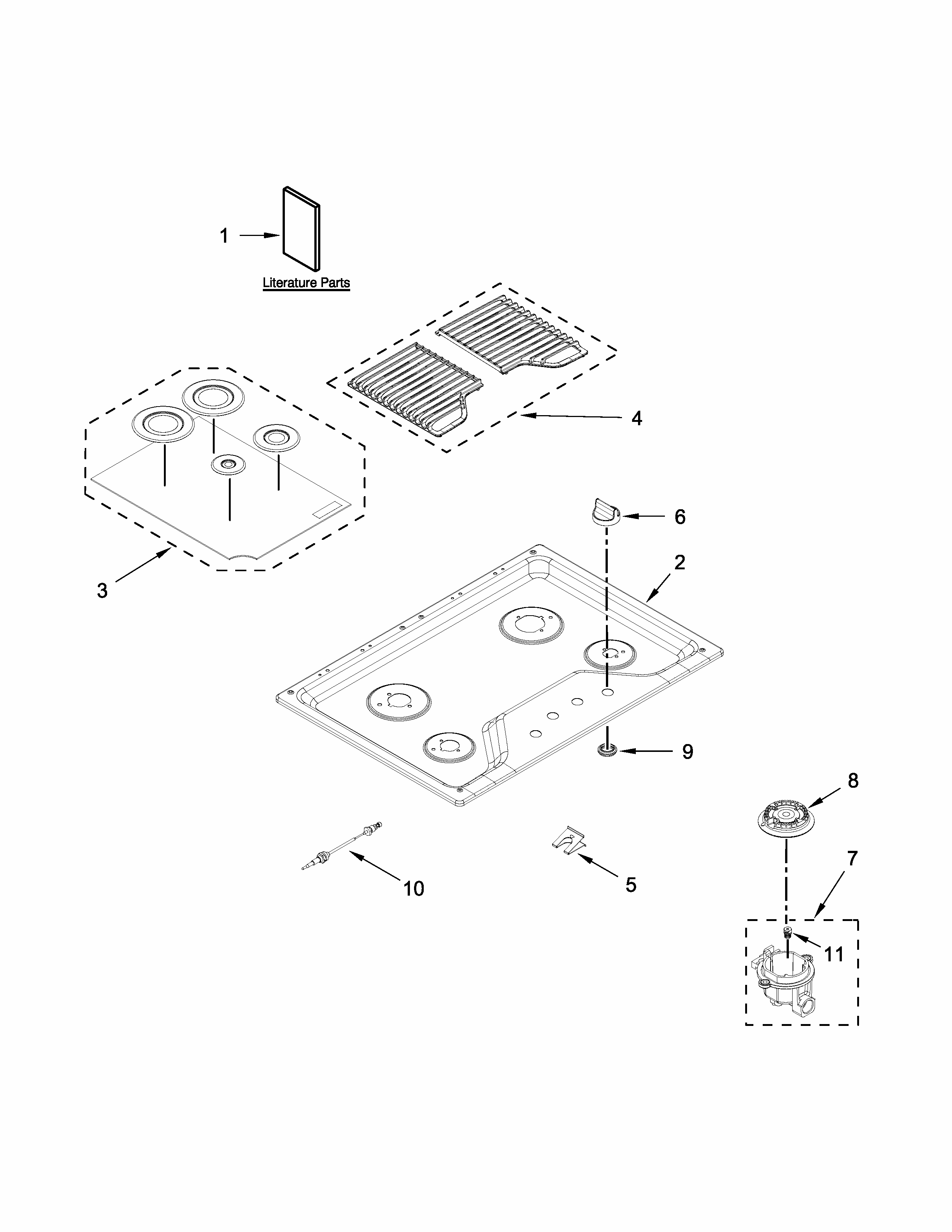 Cooktop, Burner And Grate Parts Diagram and Parts List for ICS500DS00  Whirlpool Cooktop