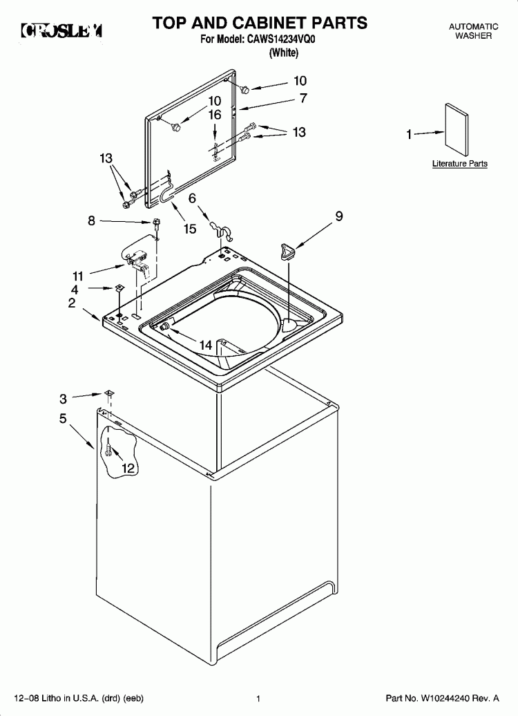 TOP AND CABINET PARTS Diagram and Parts List for CAWS14234VQ0  Crosley Washer