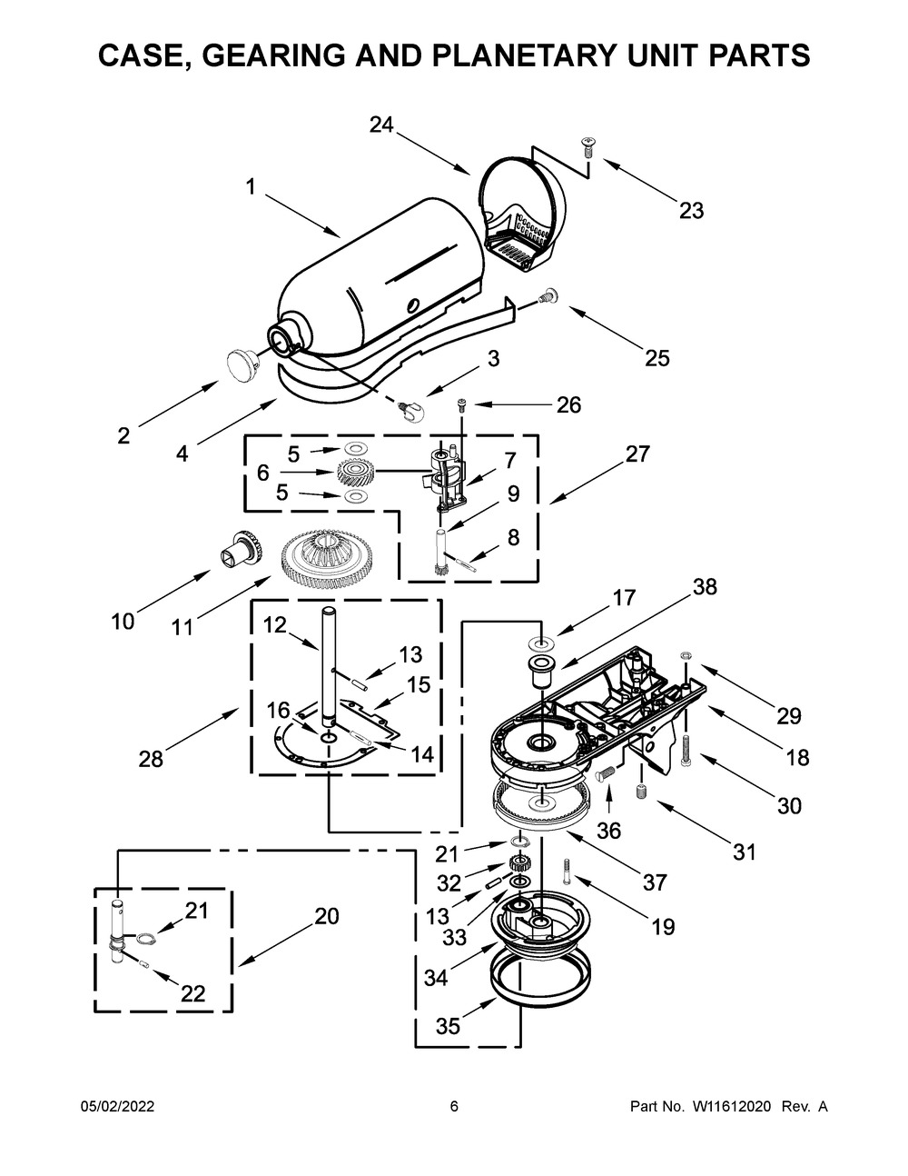 Case, Gearing And Planetary Unit Parts Diagram and Parts List for KSM180LELB0  KitchenAid Mixer