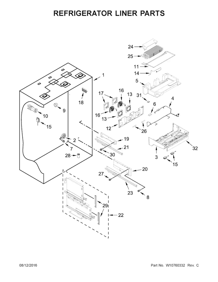 Refrigerator Liner Parts Diagram and Parts List for KBFN502ESS00  KitchenAid Refrigerator