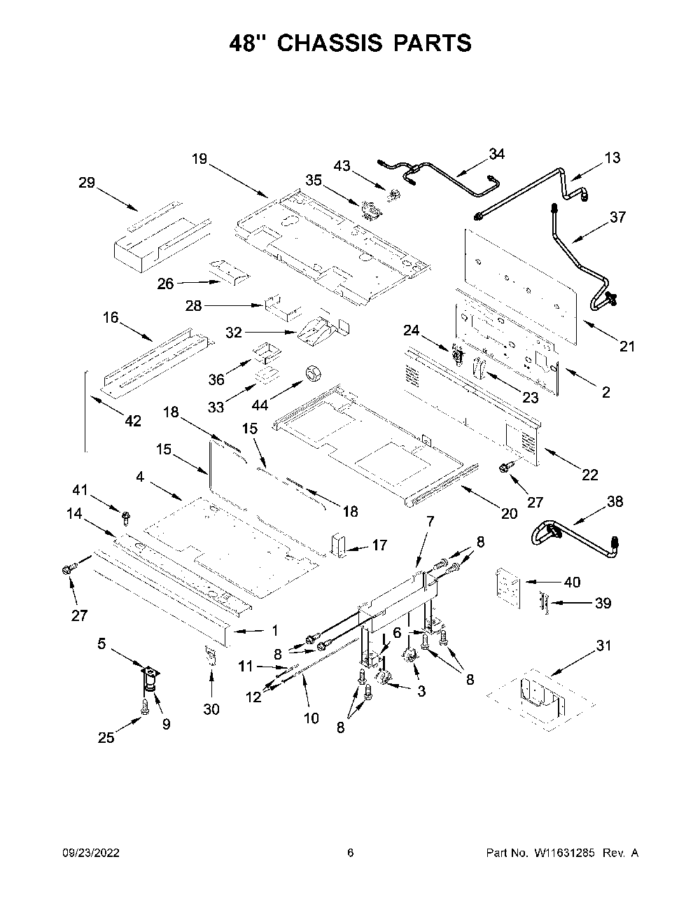 48" Chassis Parts Diagram and Parts List for KFGC558JSS05  KitchenAid Range