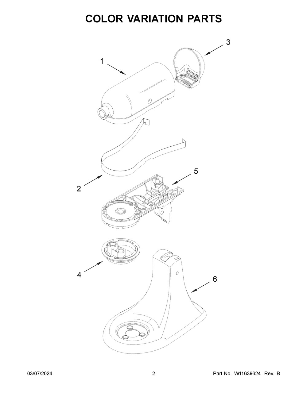 Color Variation Parts Diagram and Parts List for 5KSM195PSRBE0  KitchenAid Mixer