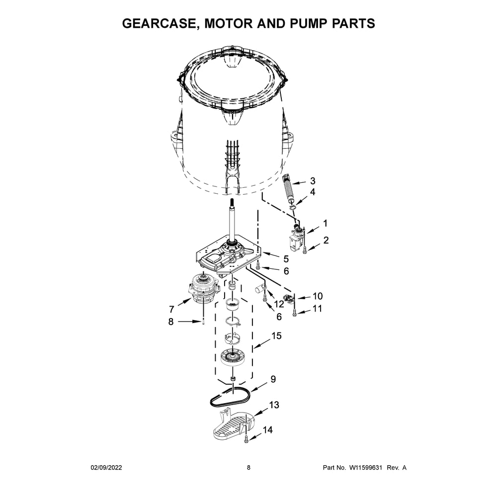 Gearcase, Motor And Pump Diagram and Parts List for WTW4816FW3  Whirlpool Washer