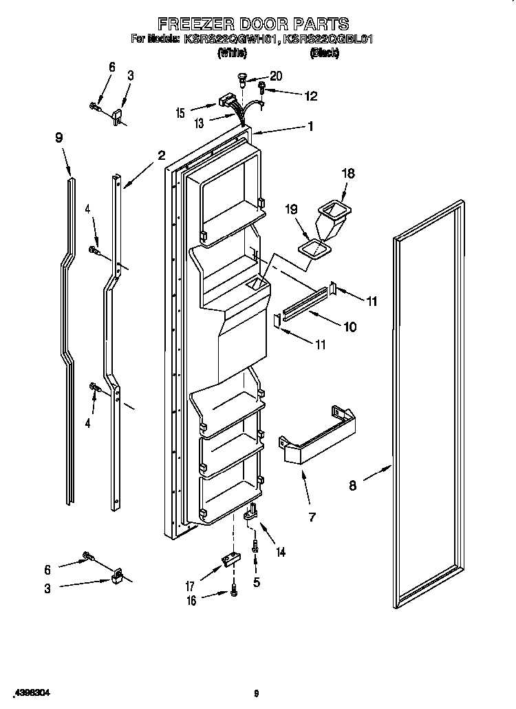 Freezer Door Diagram and Parts List for KSRS22QGBL0  KitchenAid Refrigerator