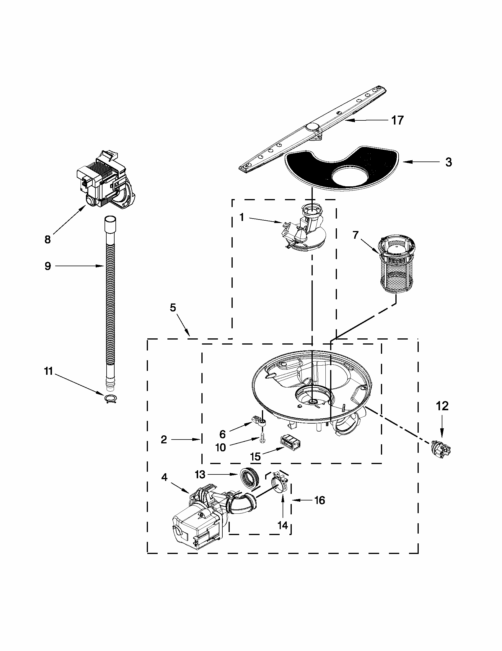 Pump And Motor Parts Diagram and Parts List for IUD6100BB2  Whirlpool Dishwasher