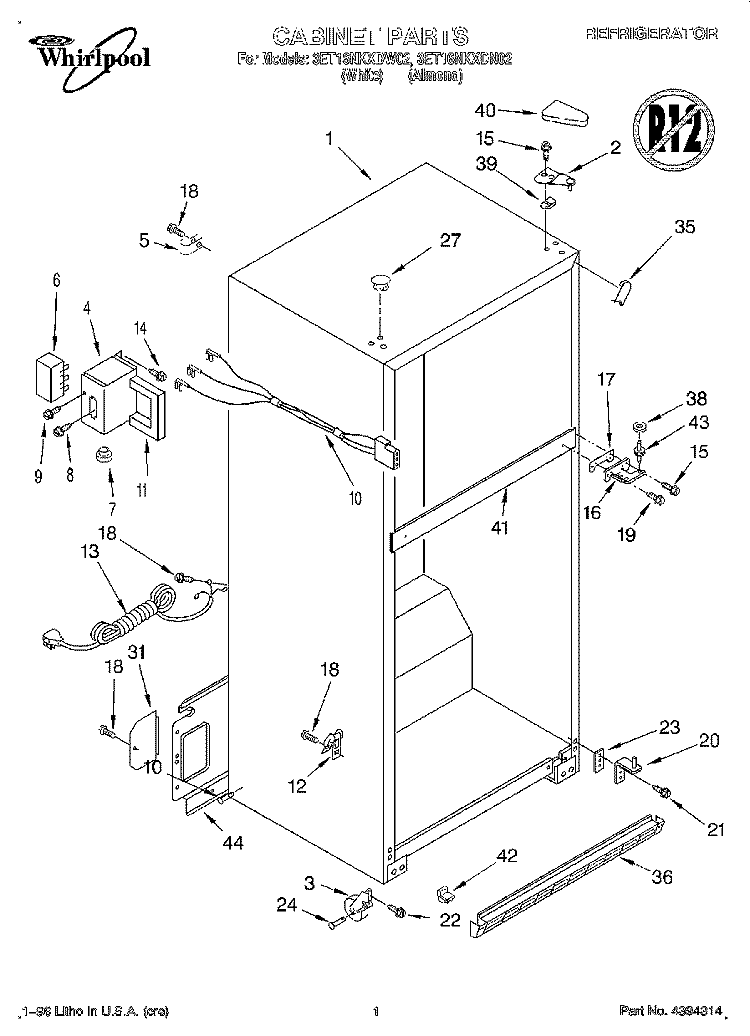 CABINET Diagram and Parts List for 3ET16NKXDN02  Whirlpool Refrigerator