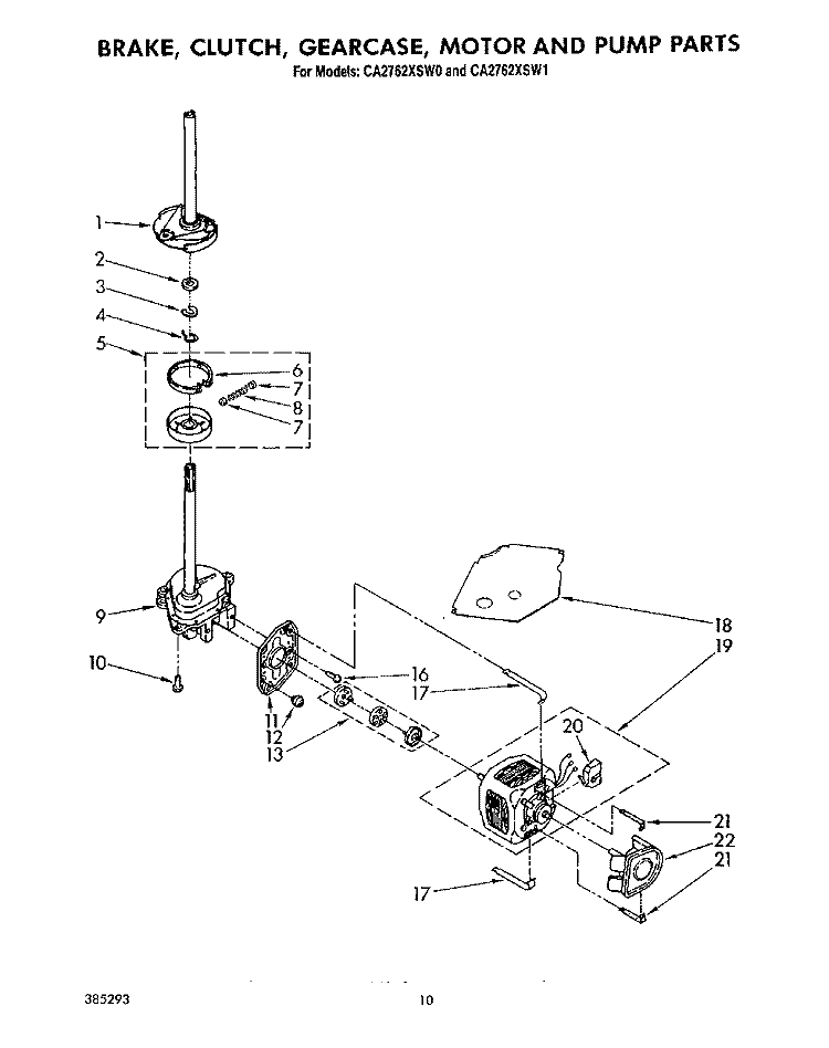 BRAKE, CLUTCH, GEARCASE, MOTOR AND PUMP Diagram and Parts List for CA2762XSW0  Whirlpool Washer