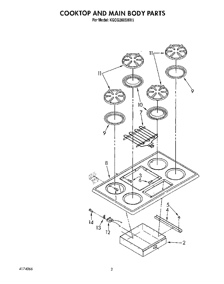 COOKTOP AND MAIN BODY, LITERATURE Diagram and Parts List for KGCG260SAL1  KitchenAid Cooktop