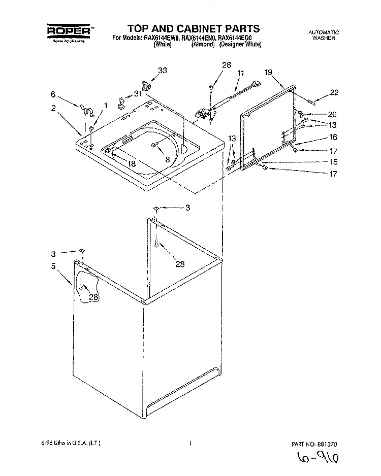 TOP AND CABINET Diagram and Parts List for RAX6144EQ0  Roper Washer