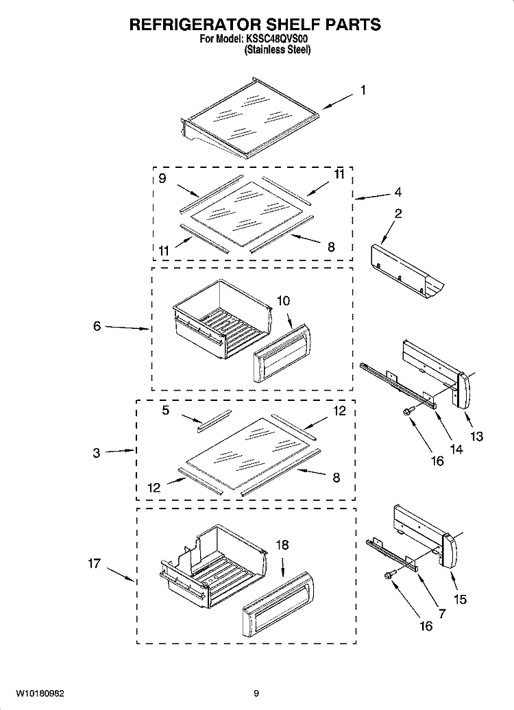 REFRIGERATOR SHELF PARTS Diagram and Parts List for KSSC48QVS00  KitchenAid Refrigerator