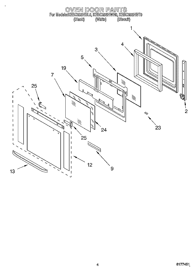 OVEN DOOR Diagram and Parts List for KEBC208HBL0  KitchenAid Wall Oven