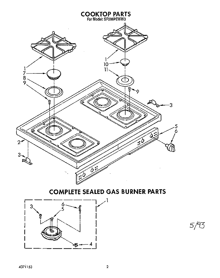 COOKTOP, COMPLETE SEALED GAS BURNER Diagram and Parts List for SF386PEWW3  Whirlpool Range