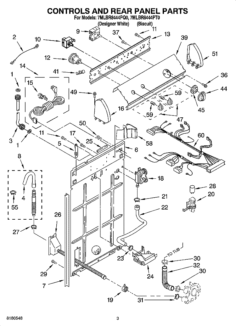 CONTROLS AND REAR PANEL PARTS Diagram and Parts List for 7MLBR8444PQ0  Whirlpool Washer