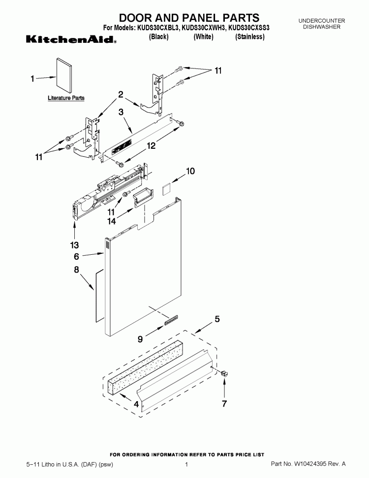 DOOR AND PANEL PARTS Diagram and Parts List for KUDS30CXWH3  KitchenAid Dishwasher