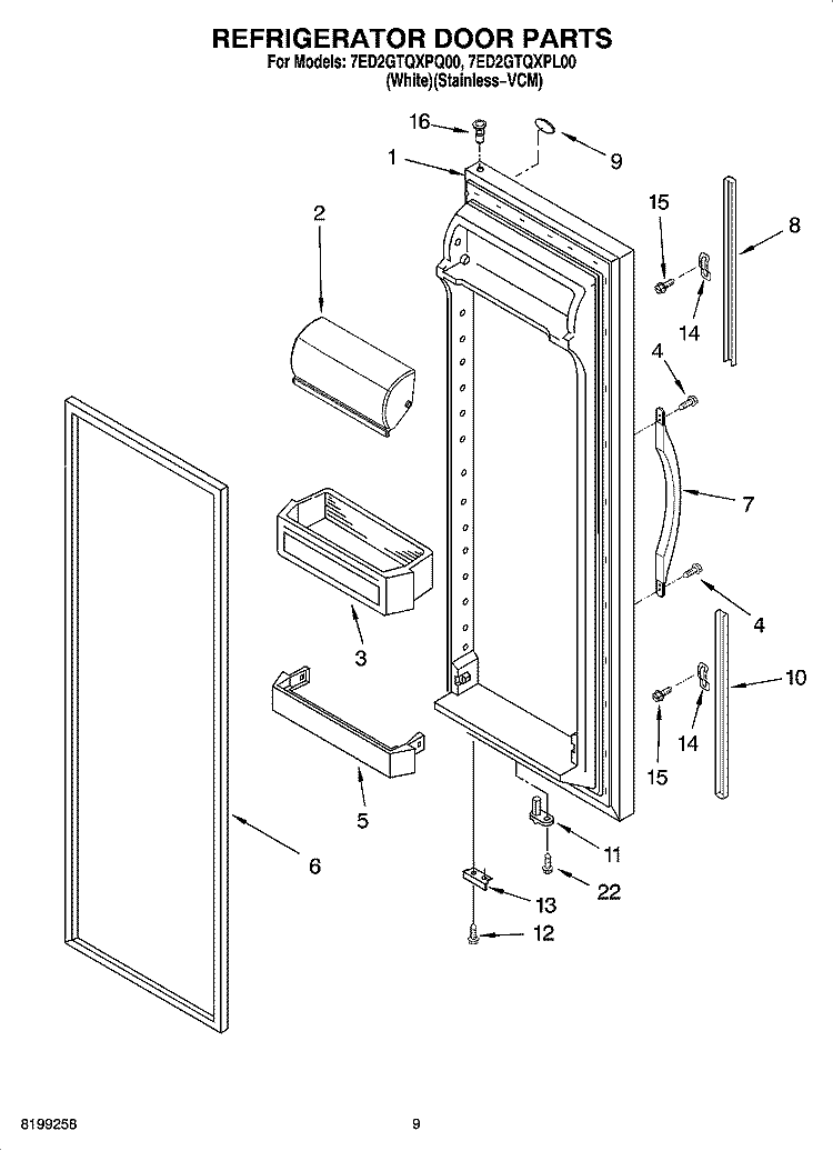 REFRIGERATOR DOOR PARTS Diagram and Parts List for 7ED2GTQXPL00  Whirlpool Refrigerator