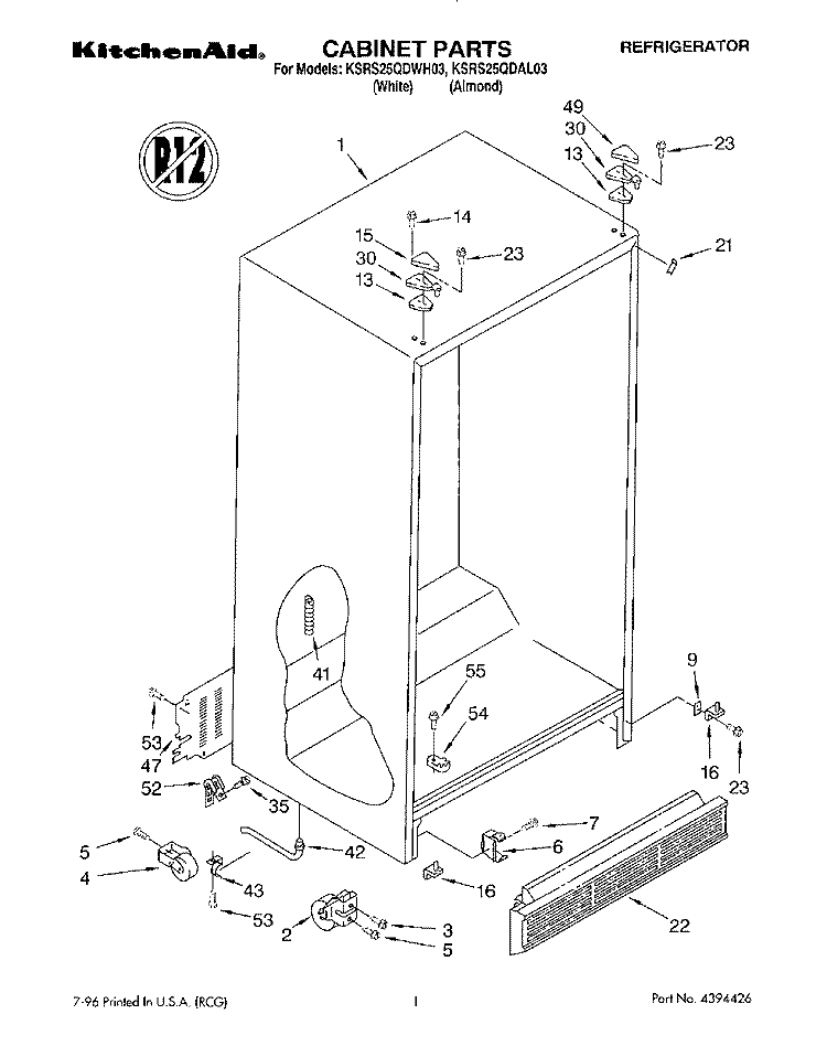 CABINET Diagram and Parts List for KSRS25QDWH03  KitchenAid Refrigerator