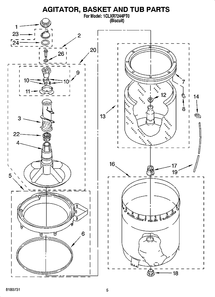 AGITATOR, BASKET AND TUB PARTS Diagram and Parts List for 1CLXR7244PT0  Whirlpool Washer