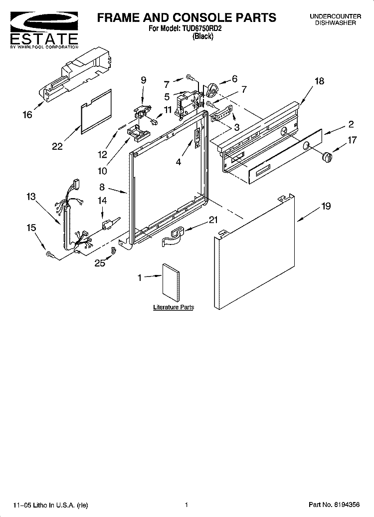 FRAME AND CONSOLE PARTS Diagram and Parts List for TUD6750RD2  Estate Dishwasher
