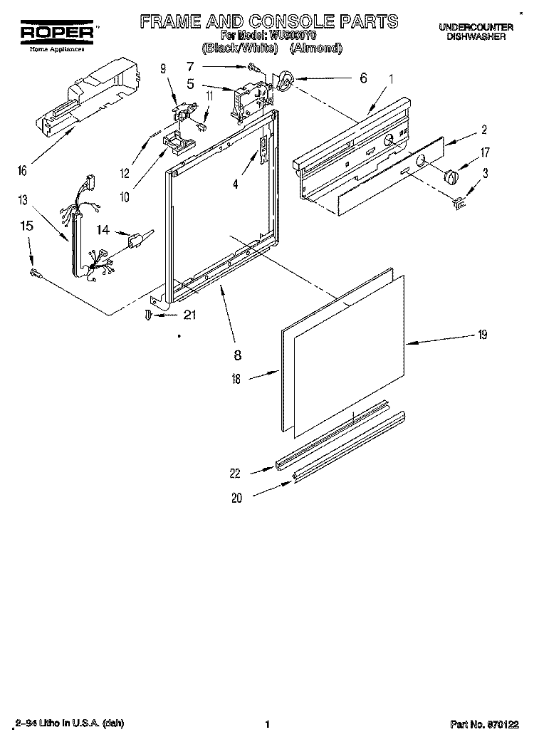 FRAME AND CONSOLE Diagram and Parts List for WU3000Y0  Roper Dishwasher