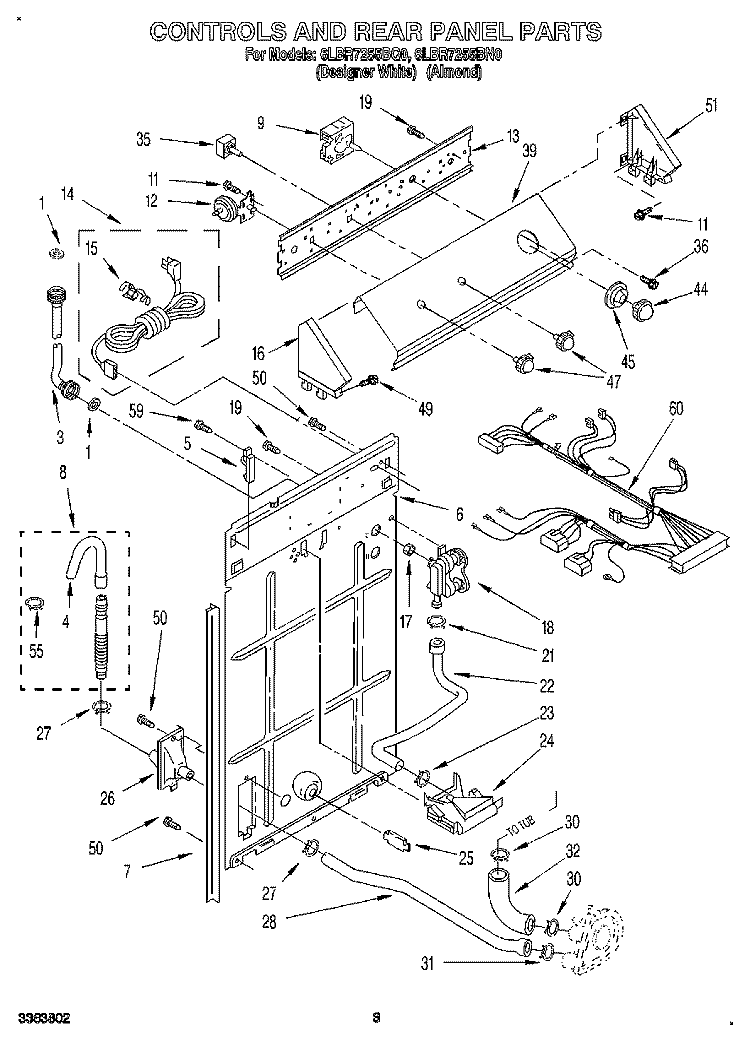 CONTROLS AND REAR PANEL Diagram and Parts List for 6LBR7255BQ0  Whirlpool Washer