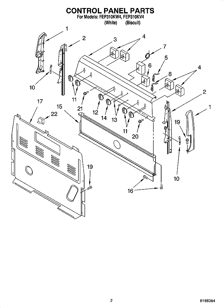 CONTROL PANEL PARTS Diagram and Parts List for FEP310KV4  Roper Range