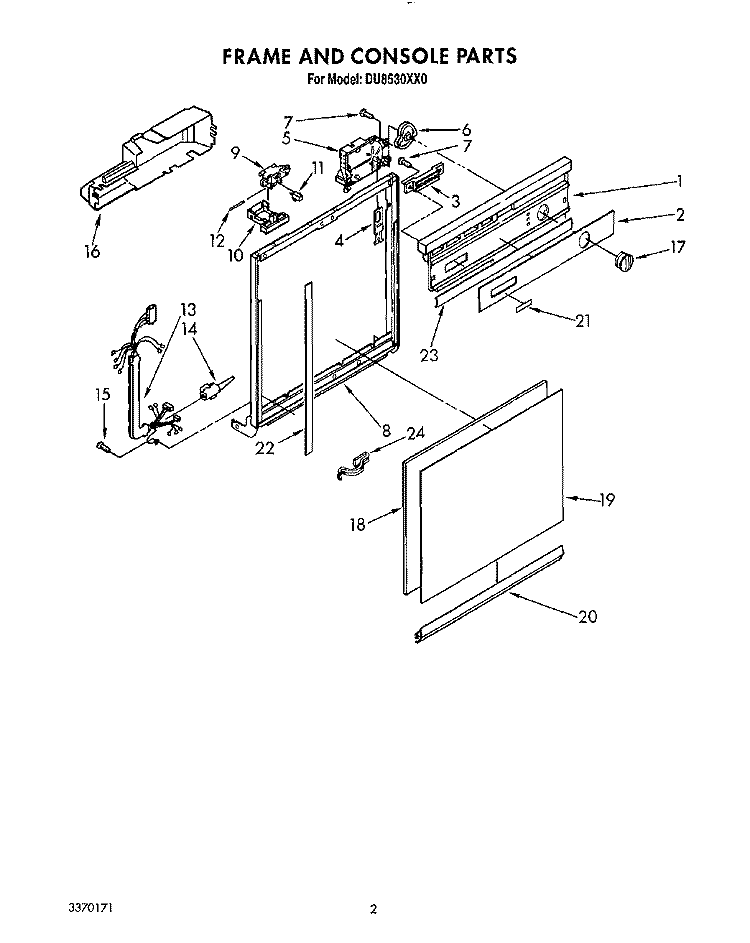 FRAME AND CONSOLE Diagram and Parts List for DU8530XX0  Whirlpool Dishwasher