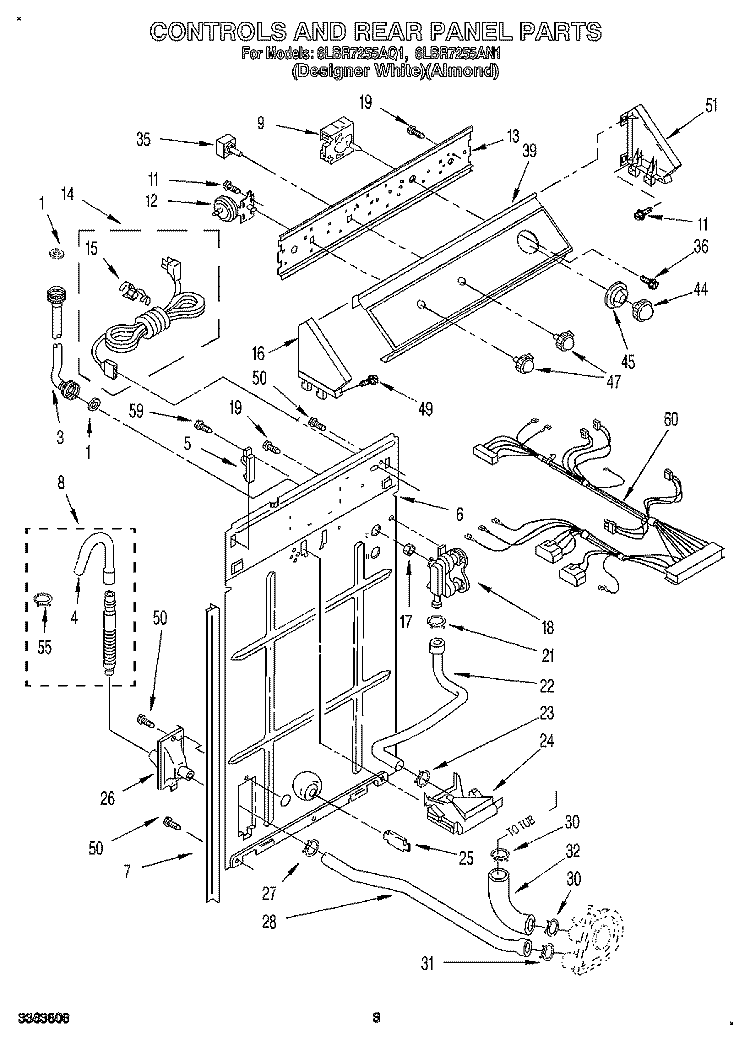 CONTROLS AND REAR PANEL Diagram and Parts List for 6LBR7255AQ1  Whirlpool Washer