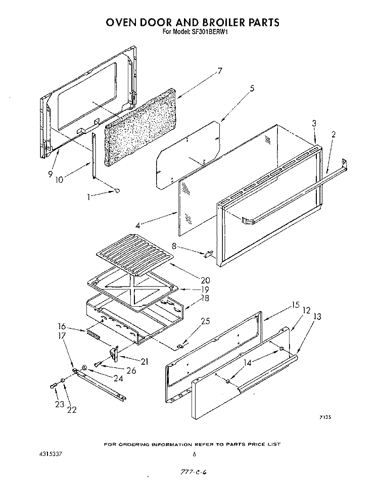 OVEN DOOR AND BROILER Diagram and Parts List for SF301BERW1  Whirlpool Range